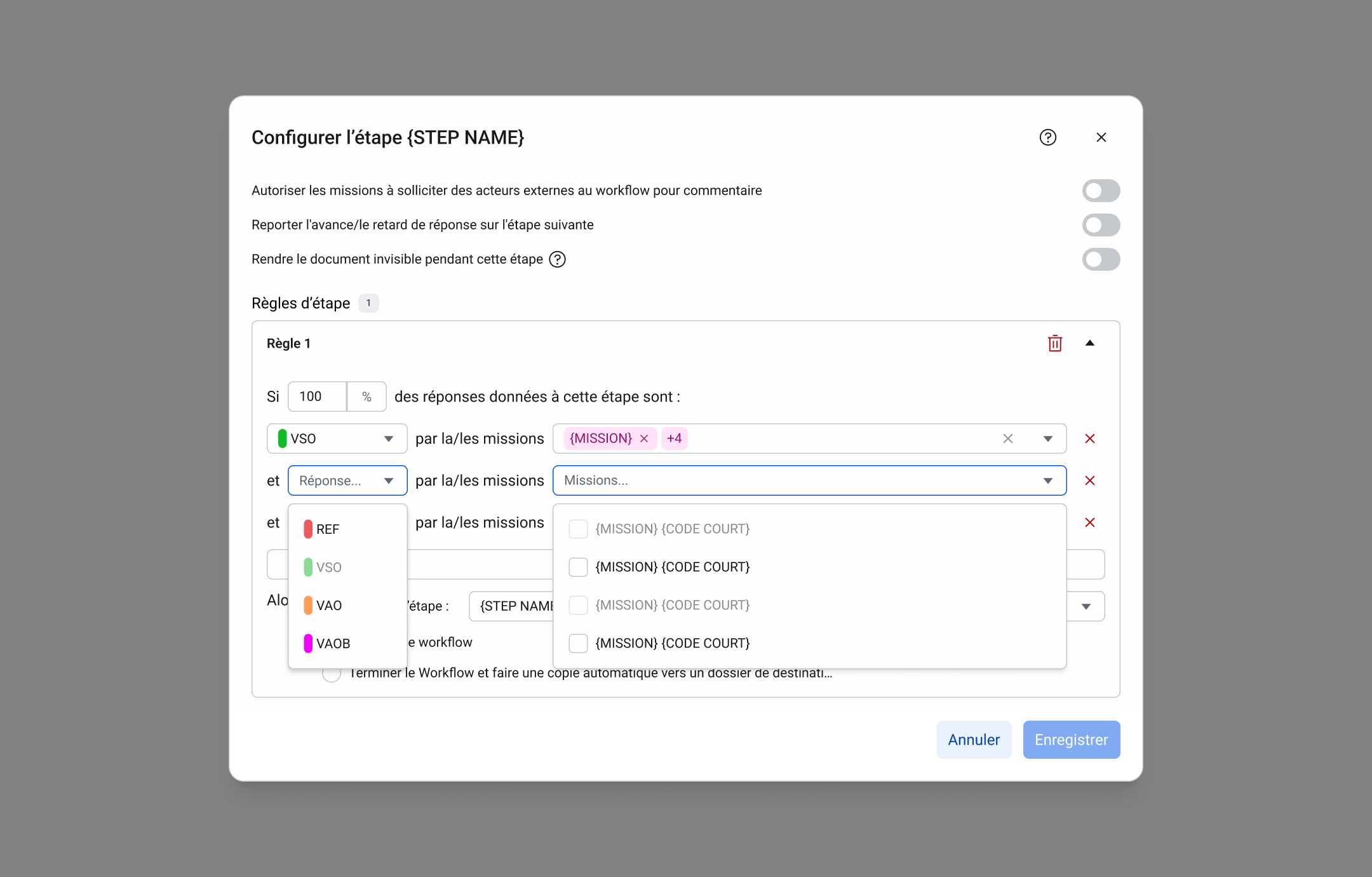 Écran après, Workflow, Étape 2 · Règles