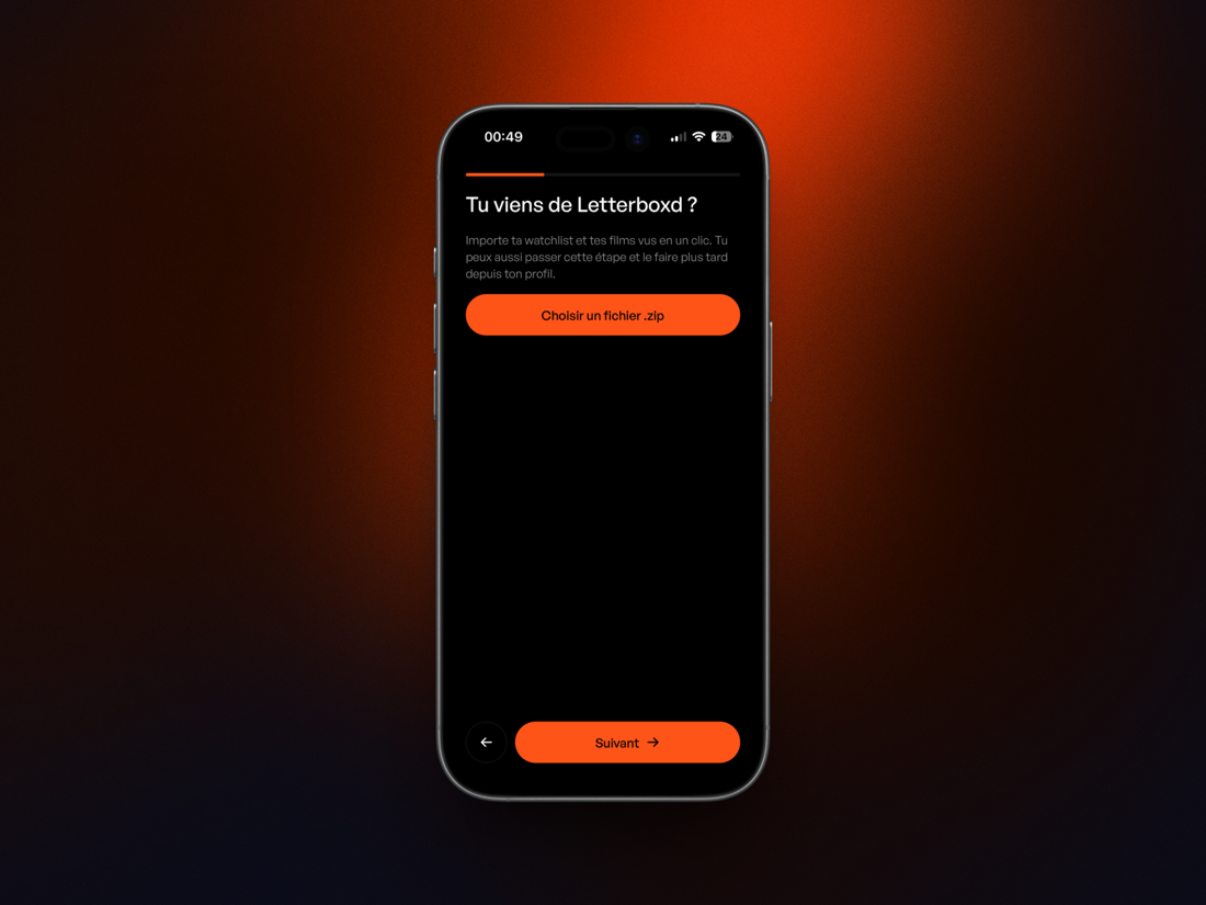 Étape d'import d'un export Letterboxd pendant l'onboarding