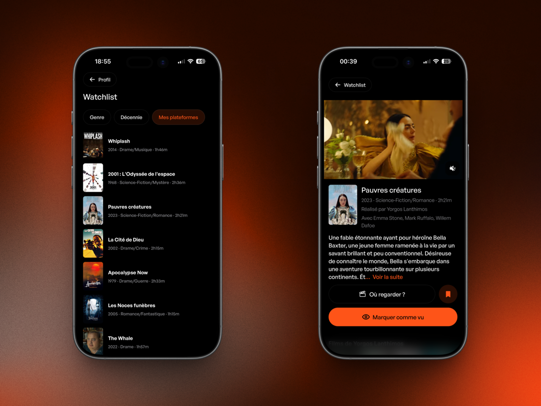 Écran watchlist avec un film ajouté